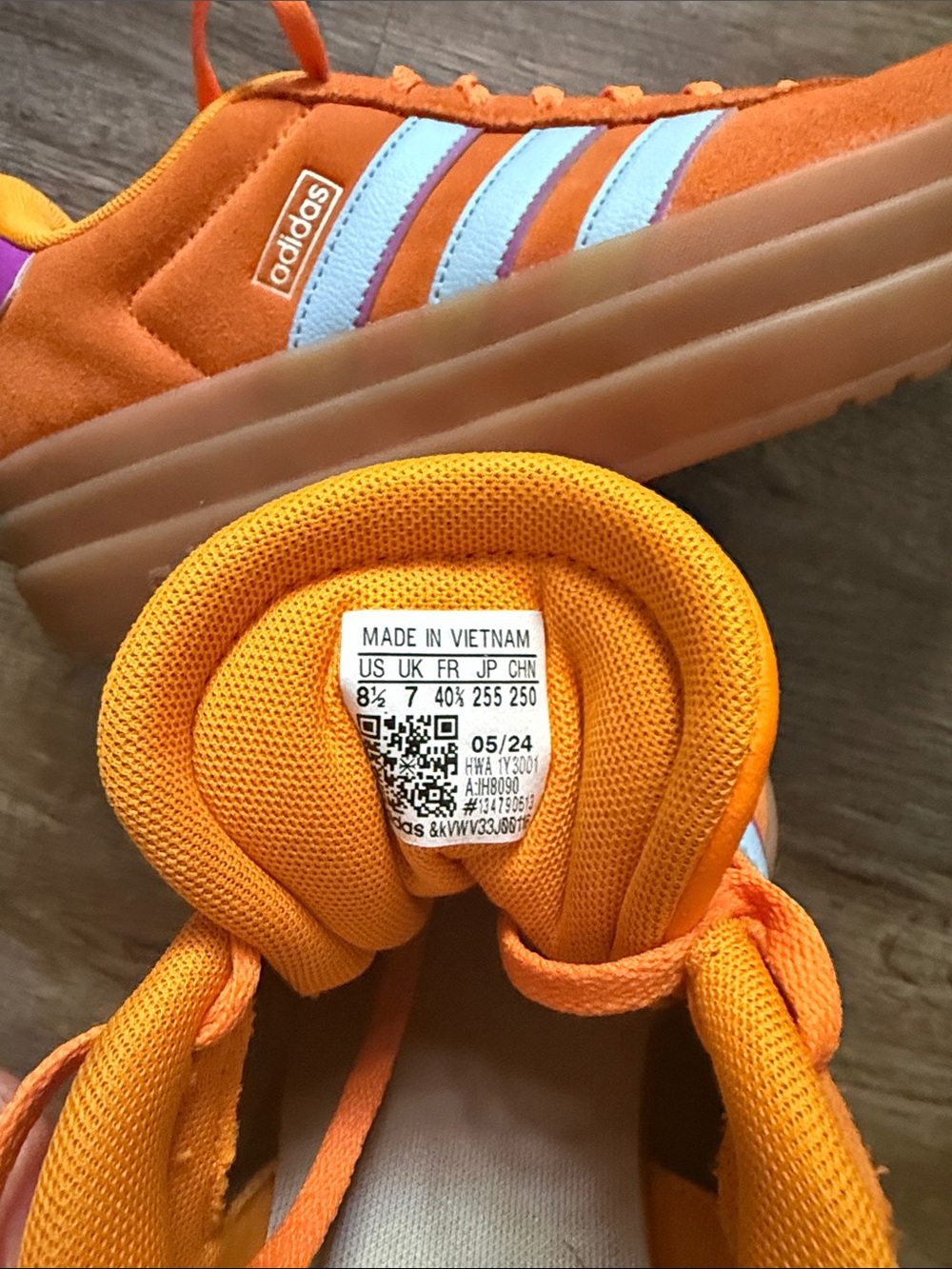 adidas Orange Suede Platform Sneakers with White Stripes and Purple Heel - Picture 2 of 3